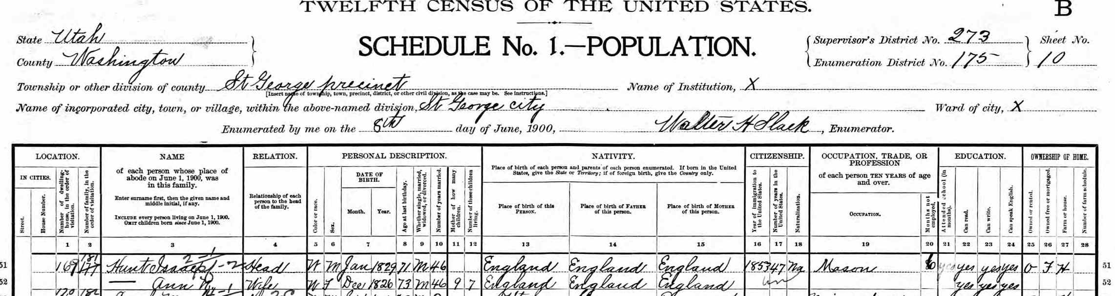 Isaac Hunt and Ann Newling Hunt 1900 US Census. He's a Stone Mason.